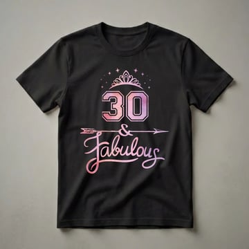 Black t-shirt with a graphic design featuring the number 30 in watercolor fill, a pink and purple tiara, stars, an arrow, and the word 'Fabulous' in script.
