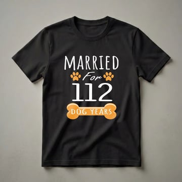 Black t-shirt with white text reading 'MARRIED For 112 DOG YEARS', accented with orange paw prints and a dog bone graphic.