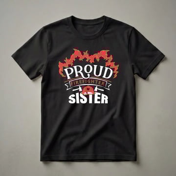 Black t-shirt with white and red text that reads 'Proud Firefighter Sister' surrounded by flames, axes, and a firefighter helmet.