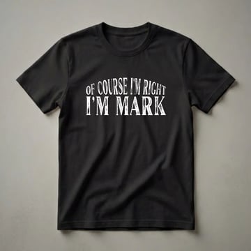 Black t-shirt with white distressed text that reads 'OF COURSE I'M RIGHT' on the top line and 'I'M MARK' on the bottom line.