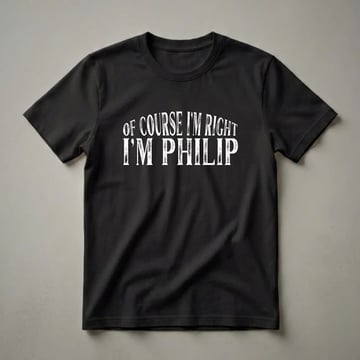Black t-shirt with white distressed text that reads 'OF COURSE I'M RIGHT I'M PHILIP'.