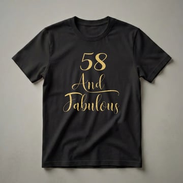 Black t-shirt with gold glitter text that reads '58 And Fabulous', with a subtle sparkle effect.