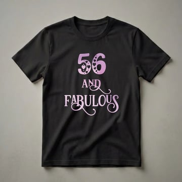 A black t-shirt featuring the text '56 AND FABULOUS' in a gradient pink and purple watercolor style, with decorative hearts and dots around the number 56.