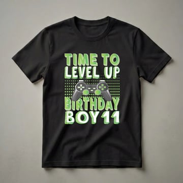 Black t-shirt with green text that reads 'Time To Level Up Birthday Boy 11' and a graphic of a video game controller.