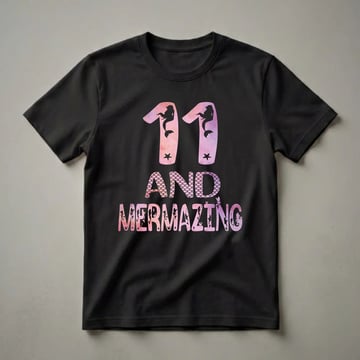 Black t-shirt with the number 11 and the words 'AND MERMAZING' in pink and purple watercolor fill, adorned with mermaid and sea creature silhouettes.