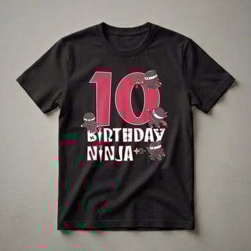 Black t-shirt with a large red number 10 and white text reading "BIRTHDAY NINJA", surrounded by four cartoon ninjas in action poses.