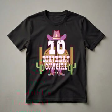 Pink and white 10th birthday cowgirl graphic t-shirt with a cowboy hat, sheriff star, saloon doors, cacti, and pink cowgirl boots with spurs.