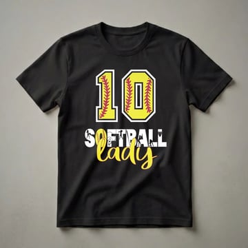 Black t-shirt featuring a large yellow number 10 with red softball stitching, and the words 'Softball Lady' below, surrounded by silhouettes of softball players and equipment.