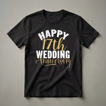 Black t-shirt with white distressed text reading 'HAPPY WEDDING' and gold textured text reading '17th Anniversary'.