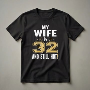 Black t-shirt with white distressed text 'MY WIFE is' and 'AND STILL HOT!', and a large gold glitter number '32' in the center.