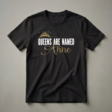 Black t-shirt with white distressed text 'QUEENS ARE NAMED' above a gold script name 'Anne', accented by a gold crown and scattered gold stars.