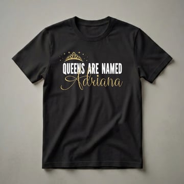 Black t-shirt with white distressed text 'QUEENS ARE NAMED' and gold script 'Adriana', topped with a golden crown and stars.