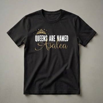 Black t-shirt with white distressed text 'QUEENS ARE NAMED' and a golden script name 'Azalea', topped with a golden crown and stars.