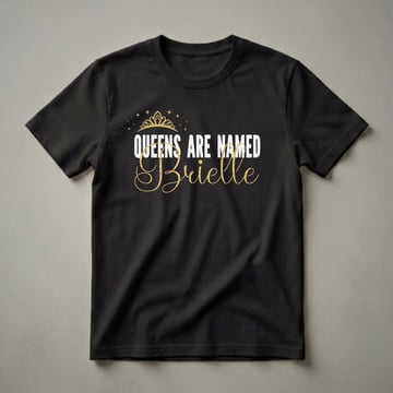 Black graphic t-shirt featuring a golden crown and stars above distressed white text that reads "QUEENS ARE NAMED" and a flowing gold script name "Brielle".