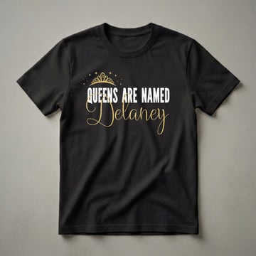 Black graphic t-shirt with white distressed text 'QUEENS ARE NAMED' above a gold script name 'Delaney', topped with a gold crown and stars.