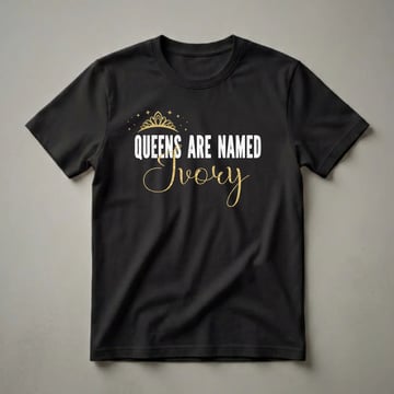Black t-shirt with distressed white text 'QUEENS ARE NAMED' and a gold script name 'Ivory', topped with a gold crown and stars.
