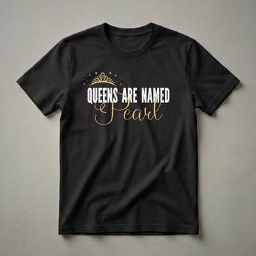 Black t-shirt with white distressed text 'QUEENS ARE NAMED' and gold script text 'Pearl', topped with a gold crown and stars.