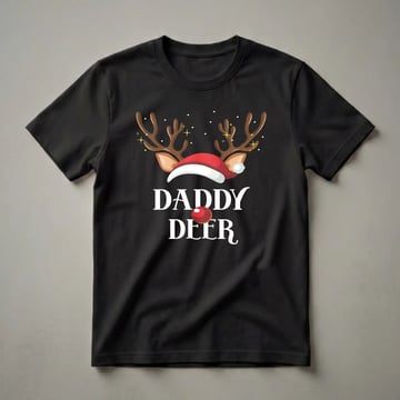 Black t-shirt with a 'Daddy Deer' graphic featuring reindeer antlers, a Santa hat, and a red nose, designed for family Christmas matching.