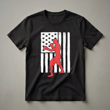 Black t-shirt with a distressed American flag design and a red silhouette of a boxer in a fighting stance.