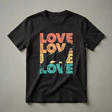 Black silhouette of a Belgian Malinois dog with a teal outline, set against a background of distressed coral, orange, and yellow 'LOVE' text on a black shirt.