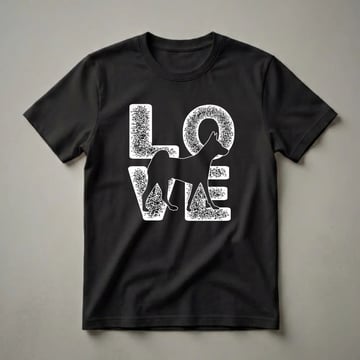 Black graphic t-shirt featuring the word 'LOVE' with a black Basenji dog silhouette in place of the letter 'O', all with a white textured fill.