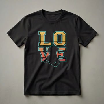 Black graphic t-shirt featuring the word 'LOVE' in a retro, distressed font with a black silhouette of a Brittany Spaniel dog in the center of the 'O'.
