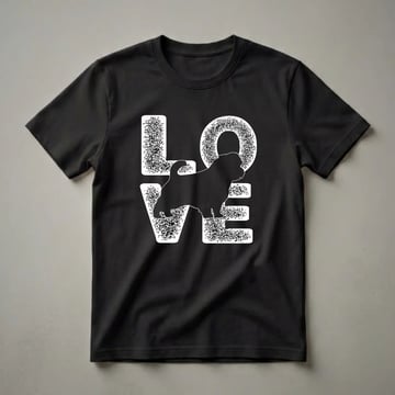 Black t-shirt with white distressed text spelling 'LOVE', featuring a black silhouette of a Norfolk Terrier dog in place of the letter 'O'.