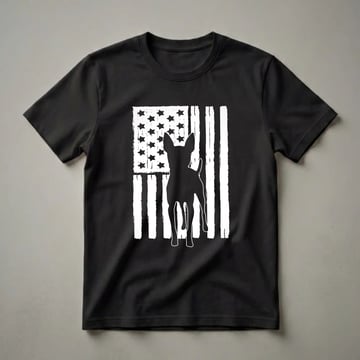 Black silhouette of a Toy Fox Terrier dog standing in front of a distressed white and black American flag, on a black t-shirt.