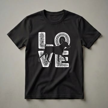 Black graphic t-shirt featuring the word 'LOVE' in distressed white lettering, with a black silhouette of a Toy Fox Terrier dog walking within the 'O' and 'V'.