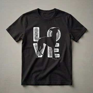 Black t-shirt with a white graphic design that spells out 'LOVE' with a silhouette of a Whippet dog in the center of the word.