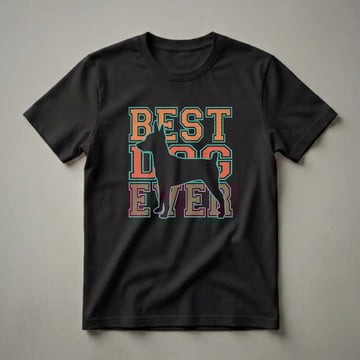 Black graphic t-shirt featuring the words 'BEST DOG EVER' in distressed orange and teal lettering, with a black silhouette of a Toy Fox Terrier in the center.