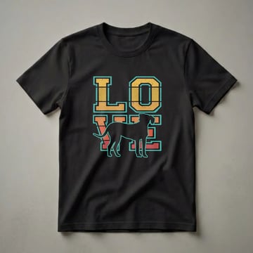 Black t-shirt featuring a retro graphic design with the word 'LOVE' in distressed yellow, orange, and teal, and a black silhouette of a Rhodesian Ridgeback dog.