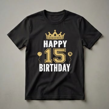 Black t-shirt with 'Happy 15th Birthday' text in white and gold, featuring a golden crown and golden balloons.