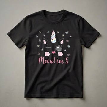 Black t-shirt with a cartoon black cat face, a pastel unicorn horn, winking eye, pink cheeks, and the text 'Meow! I'm 8', surrounded by small pastel hearts.