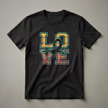 Black graphic t-shirt featuring the word 'LOVE' in a retro sunset design with a black scorpion silhouette in the center.