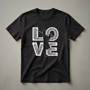 Black t-shirt with white graphic design spelling 'LOVE' with a silhouette of a bagpiper playing inside the letter 'O'.
