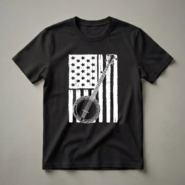 White graphic of a banjo overlaid on a distressed American flag, printed on a black t-shirt.