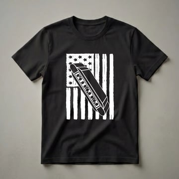 White graphic of a harmonica overlaid on a distressed American flag, on a black t-shirt.