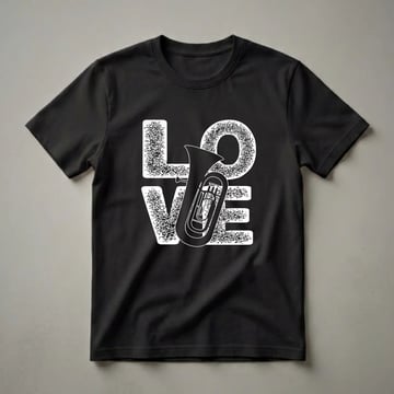 Black t-shirt with a white graphic of the word 'LOVE' where the letter 'O' is replaced by a tuba illustration.