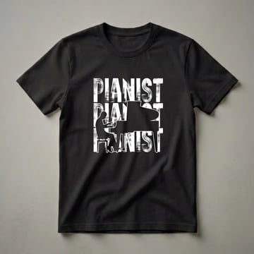 Black t-shirt with a white distressed graphic design that repeats the word PIANIST, with a silhouette of a person playing a grand piano in the center.