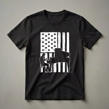 Black t-shirt with a white graphic of a person playing a grand piano against a distressed American flag background.