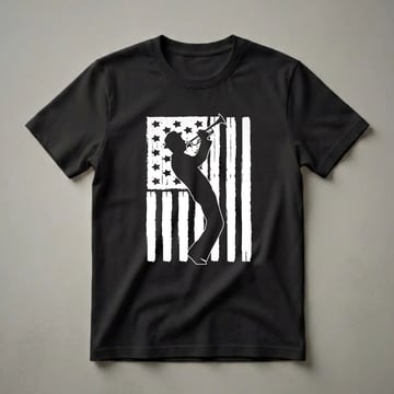 Black graphic t-shirt featuring a silhouette of a musician playing a trumpet against a distressed American flag design.
