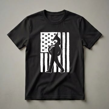 Black graphic t-shirt featuring a silhouette of a tuba player marching in front of a distressed American flag with white stars and stripes.