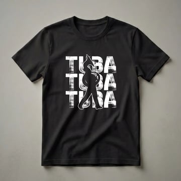 Black graphic t-shirt featuring a white silhouette of a person playing a tuba, overlaid on distressed white letters spelling 'TUBA'.