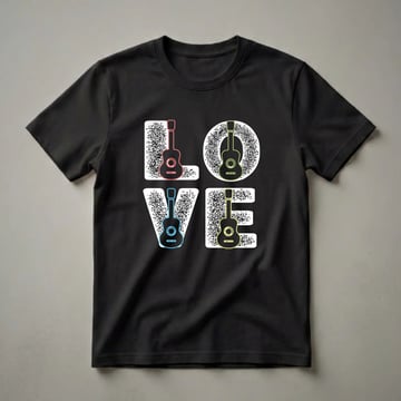Black t-shirt with the word LOVE spelled out using stylized guitars in neon red, green, blue, and yellow outlines with textured white fills.