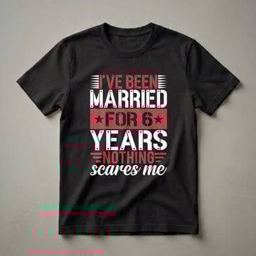 Black t-shirt with red and white text that reads 'I'VE BEEN MARRIED FOR 6 YEARS NOTHING scares me' in a bold, stencil font.
