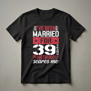 Black t-shirt with white and red text that reads 'I've Been Married For 39 Years Nothing Scares Me' in a bold, stencil-like font.
