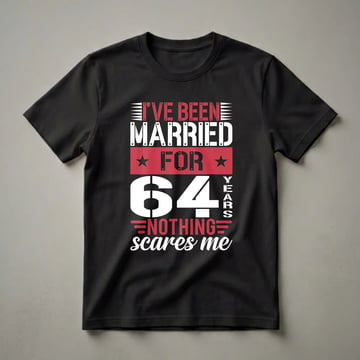 Black t-shirt with white and red text that reads 'I've Been Married For 64 Years Nothing Scares Me' in a bold, stencil-like font, celebrating a 64th wedding anniversary.