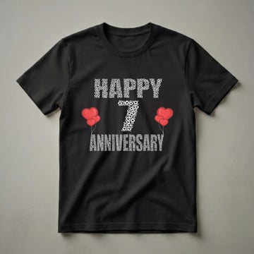 Black t-shirt with white text art that reads 'Happy 7th Anniversary' composed of hearts and circles, with red heart balloons on the sides.