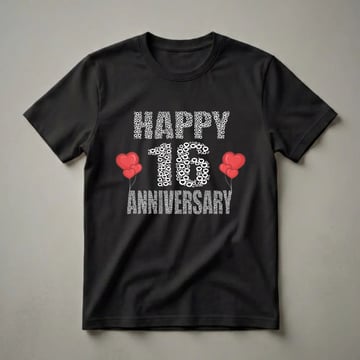 White graphic t-shirt with black background featuring the words 'HAPPY 16 ANNIVERSARY' formed by white hearts and circles, accompanied by red heart balloons.